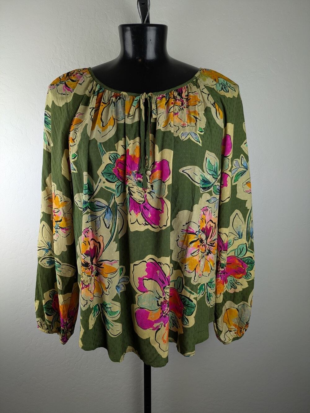 Tribal long sleeve peasant blouse green colorful abstract floral